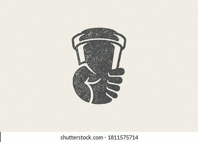 Silhouette of human hand carrying takeaway cup of coffee to go in morning hand drawn stamp effect vector illustration. Vintage grunge texture for packaging and menu design or label decoration.