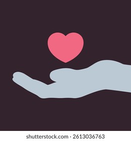 Silhouette of human hand holding a heart. Heart on cupped hand. Vector illustration