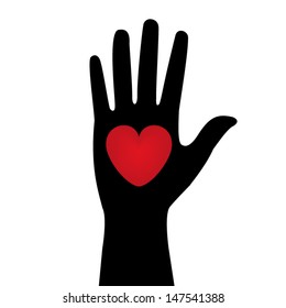 silhouette of the human hand and a red heart. vector 