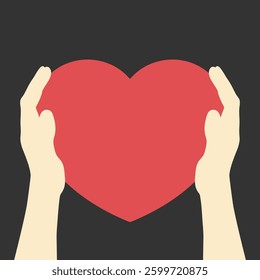Silhouette of human hands holding red heart. Heart in hands. Vector illustration