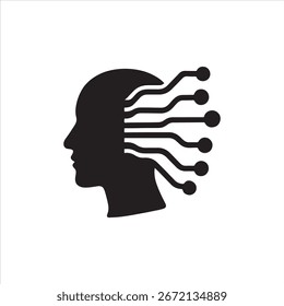 A silhouette of a human head with abstract digital elements, representing artificial intelligence and consciousness, isolated on white background.