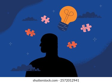 The silhouette of a human head against the night sky, surrounded by a burning lamp and puzzle pieces. The symbol is the process of brainstorming, generating ideas and solving problems.