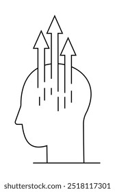 Silhouette of a human head with arrows pointing upwards. Ideal for business growth, innovation, mindset, personal development, self-improvement themes. Simple, modern, clean.