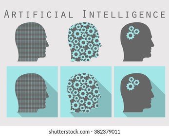 Silhouette of human head. Artificial intelligence, head with gears. Icon set in a flat design with long shadow. Vector illustration.