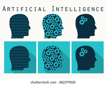 Silhouette of human head. Artificial intelligence, head with gears. Icon set in a flat design with long shadow. Vector illustration.