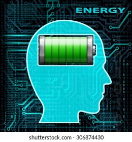 Silhouette of human head with battery. Technology background. Stock vector image.