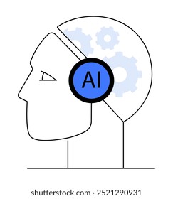 Silhouette of a human head with a blue circle labeled AI covering the ear and white cogwheels inside the brain. Ideal for artificial intelligence, cognitive processes, tech innovation, machine