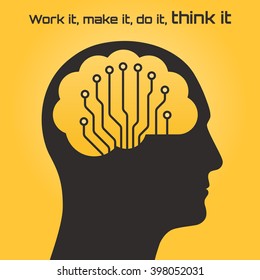 Silhouette of a human head with the brain and circuit board. Business idea concept.