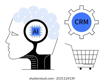 Silhueta de uma cabeça humana com circuitos cerebrais e microchip de IA, um ícone de engrenagem de CRM e um carrinho de compras Ideal para tecnologia AI gestão de relacionamento com o cliente e-commerce e marketing digital