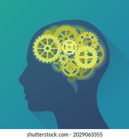 Silhouette de una cabeza humana con el cerebro lleno de engranajes sobre un fondo azul (diseño plano)