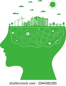 Silhouette of a human head with a brain in the form of gears. Green city with renewable energy sources. Ecology idea. Think green. Template for business concept. Vector illustration.