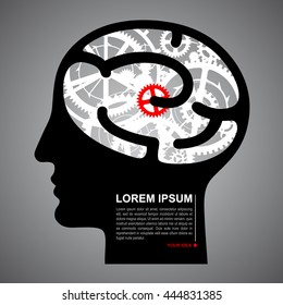 Silhouette human head with brain gears. Techno symbol and business idea concept. Vector illustration