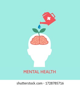 Silhouette of human head with brain and growing plant in front view. Watering plant above man head. Mental health care concept vector illustration. Psychological therapy and treatment.