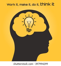 Silhouette of a human head with the brain and light bulb. Business idea concept.