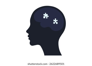 Silhouette of a human head with brain made from puzzle pieces.