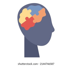 Silhouette human head and brain puzzle pieces icon. Mental health. Education, knowledge, psychology, logic symbols. Vector flat illustration
