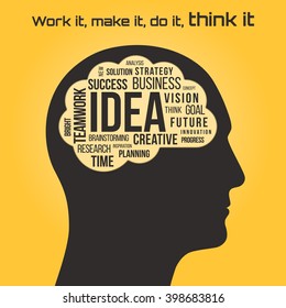 Silhouette of a human head with the brain and text. Business idea concept.
