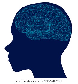 Silhouette of a human head with a brain wireframe with glowing lights. Side view. Vector illustration.