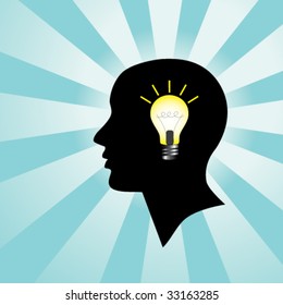 Silhouette of a human head with a burning light bulb, representing a person who has an idea