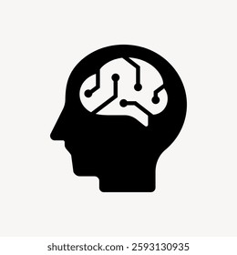 Silhouette of a human head with a circuit brain, symbolizing AI, technology, and innovation. AI and technology blend in a circuit brain design. User interface icon vector.