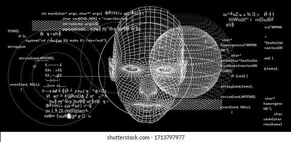 Silhouette of a human head. Conceptual image of AI (artificial intelligence), VR (virtual reality), Deep Learning  and Face recognition systems. Cyberpunk style vector illustration.