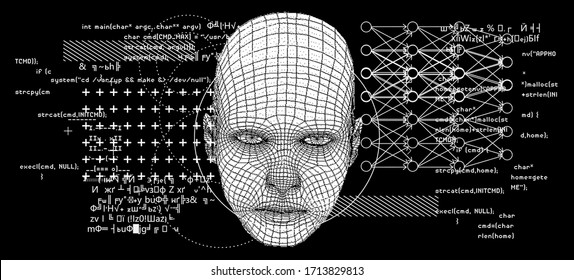 Silhouette eines menschlichen Kopfes. Konzeptuelles Bild von AI (künstliche Intelligenz), VR (virtuelle Realität), Deep Learning und Gesichtserkennungssystemen. Vektorillustration im Cyberpunk-Stil.