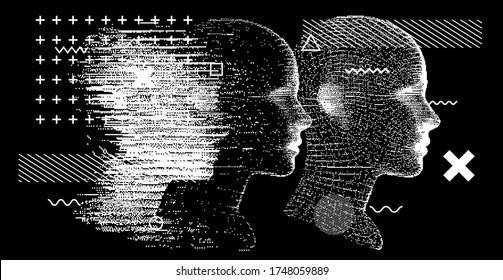 Silhouette of a human head. Conceptual image of AI (artificial intelligence), VR (virtual reality), Deep Learning  and Face recognition systems. Cyberpunk style vector illustration.