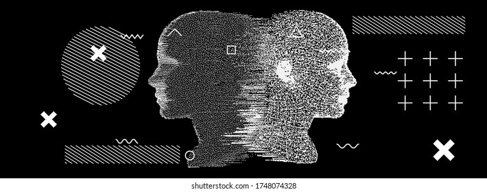 Silhouette of a human head. Conceptual image of AI (artificial intelligence), VR (virtual reality), Deep Learning  and Face recognition systems. Cyberpunk style vector illustration.