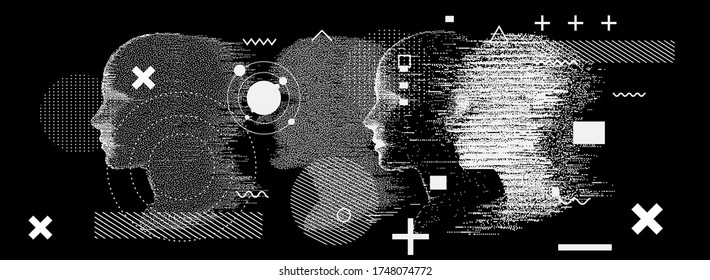 Silhouette eines menschlichen Kopfes. Konzeptuelles Bild von AI (künstliche Intelligenz), VR (virtuelle Realität), Deep Learning und Gesichtserkennungssystemen. Cyberpunk-artige Vektorgrafik.