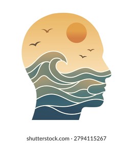 Silhouette of a human head contains a stylized landscape of ocean waves under a sunset with birds flying, representing inner thoughts and emotions.