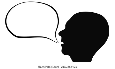 Silhouette of human head with contour empty speech bubble from mouth isolated on white background. Vector design element.