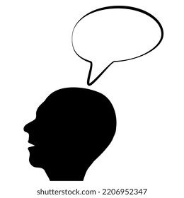 Silhouette of human head with contour empty speech bubble from brain isolated on white background. Vector design element.