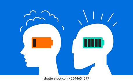 Silhouette of a human head with a dead battery and a robot head with a charged battery. Unequal powers of humans and artificial intelligence. AI is superior to humans. Rivalry between robot and human