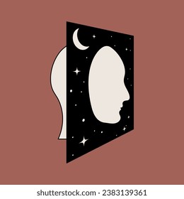 Silhouette of a human head in a dream, mental health. Deep meditation concept. Vector illustration, EPS 10