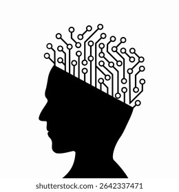 Silhouette of a human head with an electronic circuit instead of hair. Isolated on a white background. Vector illustration