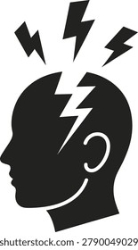 Silhouette of a human head emitting three lightning bolts from the top representing inspiration or brainstorming ideas