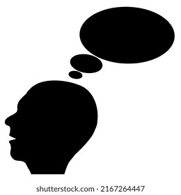 Silhouette of human head with empty speech bubble from brain isolated on white background. Vector design element.