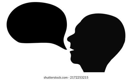 Silhouette of human head with empty speech bubble from mouth isolated on white background. Vector design element.