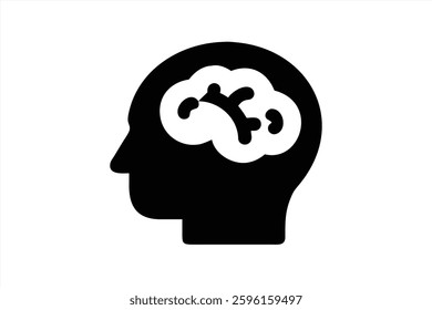 A silhouette of a human head features a detailed brain illustration. This design symbolizes creativity, intelligence, and cognitive processes, suitable for educational and psychological themes.