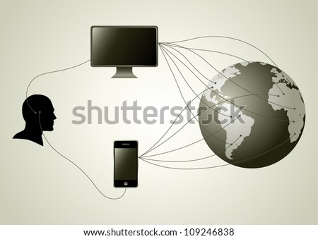 Silhouette of human head figure having wire connection with computer and smartphone