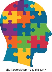 A silhouette of a human head is filled with colorful jigsaw puzzle pieces, symbolizing the complexity of the mind.