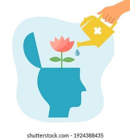 Silhouette Of Human Head With Flower Inside. Watering Flower In The Brain. Mental Health Concept Vector Illustration. Psychological Therapy And Treatment. World Mental Health Day.