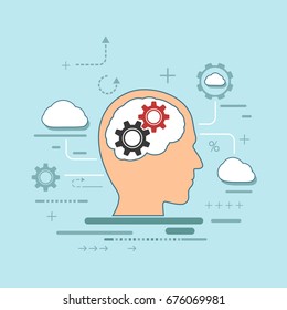 Silhouette of a human head with gears inside. Use the brain for creativity, innovation and thinking. Stock vector illustration in flat graphic style.