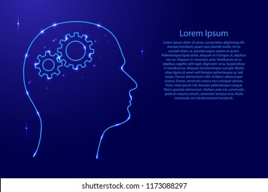 Silhouette of a human head with gears instead of a brain from the contours network blue, luminous space stars for banner, poster, greeting card. Vector illustration.