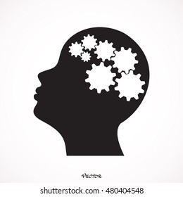 Silhouette of a human head with gears in it, representing a person who is thinking