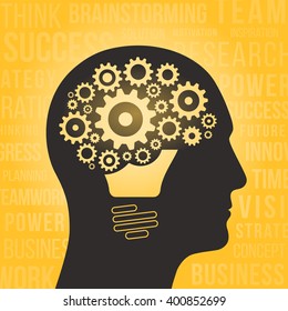 Silhouette of a human head with gears and light bulb. Business idea concept. Abstract vector illustration.