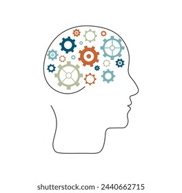 Silhouette human head with gears. Mental health concept. Mental thinking. Business concept and training. Working thinking and memory training. Flat vector color icon on white isolated background.