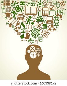 Silhouette of a human head with gears in place of the brain. Above his head is a lot of icons. The concept of  education