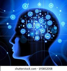 Silhouette of a human head with gears in place of the brain. Above his head is a lot of icons.  Social network, communication in the global computer networks.