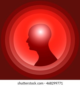 Silhouette of the human head with glowing brain. Design element for graphic media of medicinal products against headache.